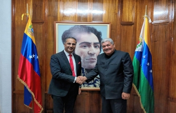 Ambassador Abhishek Singh met with Governor of Apure State of Venezuela H.E. Eduardo Pinate and discussed matters of bilateral cooperation in field of trade, agriculture and tourism.